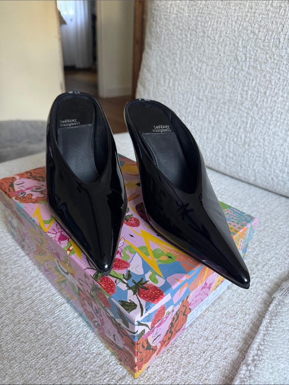 Jeffrey Campbell Buzzing Black Patent Leather Mules